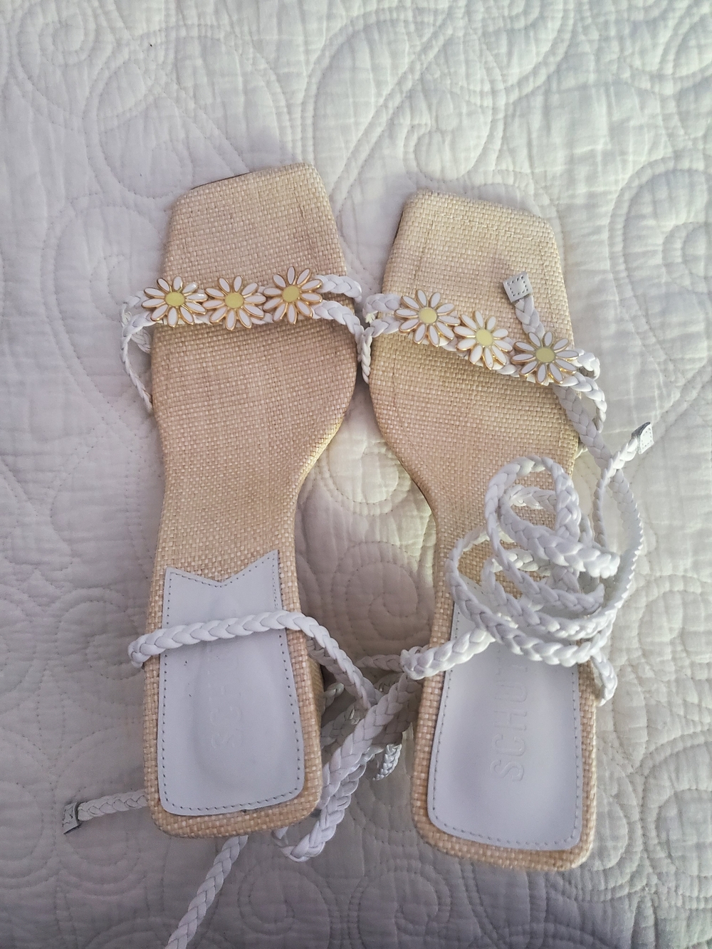 SCHUTZ White Daisy Lace-Up Sandals with Natural Woven Footbed